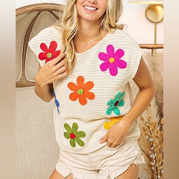 Ivory floral crochet knit dolman short sleeve boho bohemian sweater - Picture 5 of 12